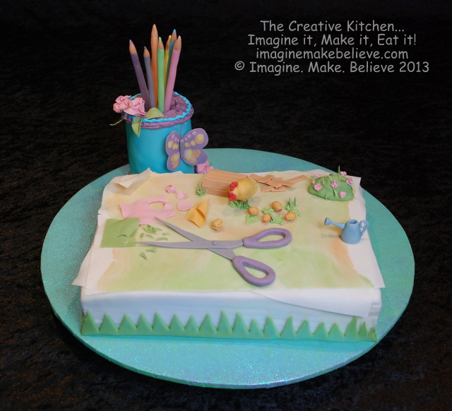 Artist Cake With Pencil Container and Paper Collage