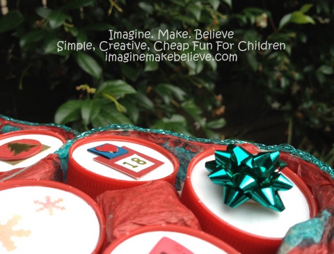 Imagine Make Believe Creative Simple Cheap Fun Children Kids Advent Calendar Free Tutorial Project Christmas Craft Egg Carton Milk Bottle Lids Recycle craft, advent calendar, free, project, tutorial, instructions, Christmas, easy, children, kids, holiday