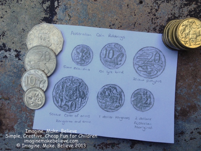 Coin Rubbings, Australian coins, frottage, Australian animals, 5c, 10c, 20c, 50c, $1, $2, pencil rubbing