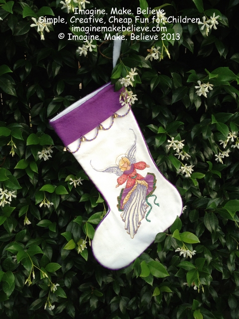 Christmas Stocking, felt, angel, cross-stitch, beads