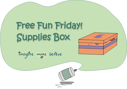 Supplies box, Imagine Make Believe, cardboard box, decorated