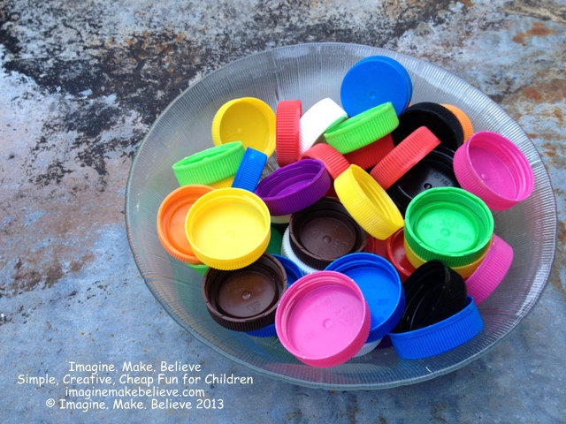 Milk Bottle Lid Craft, juice bottle lids, colourful, upcycle, recycle, play